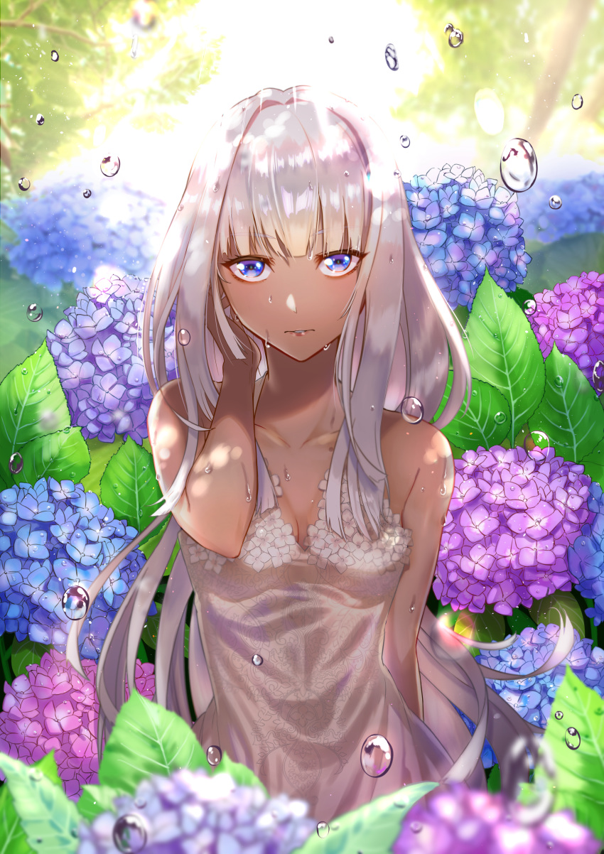 1girl absurdres bangs blue_eyes blunt_bangs breasts dress droplets ficklerabbit flower hand_up highres hydrangea looking_at_viewer original small_breasts solo standing tan white_dress white_hair