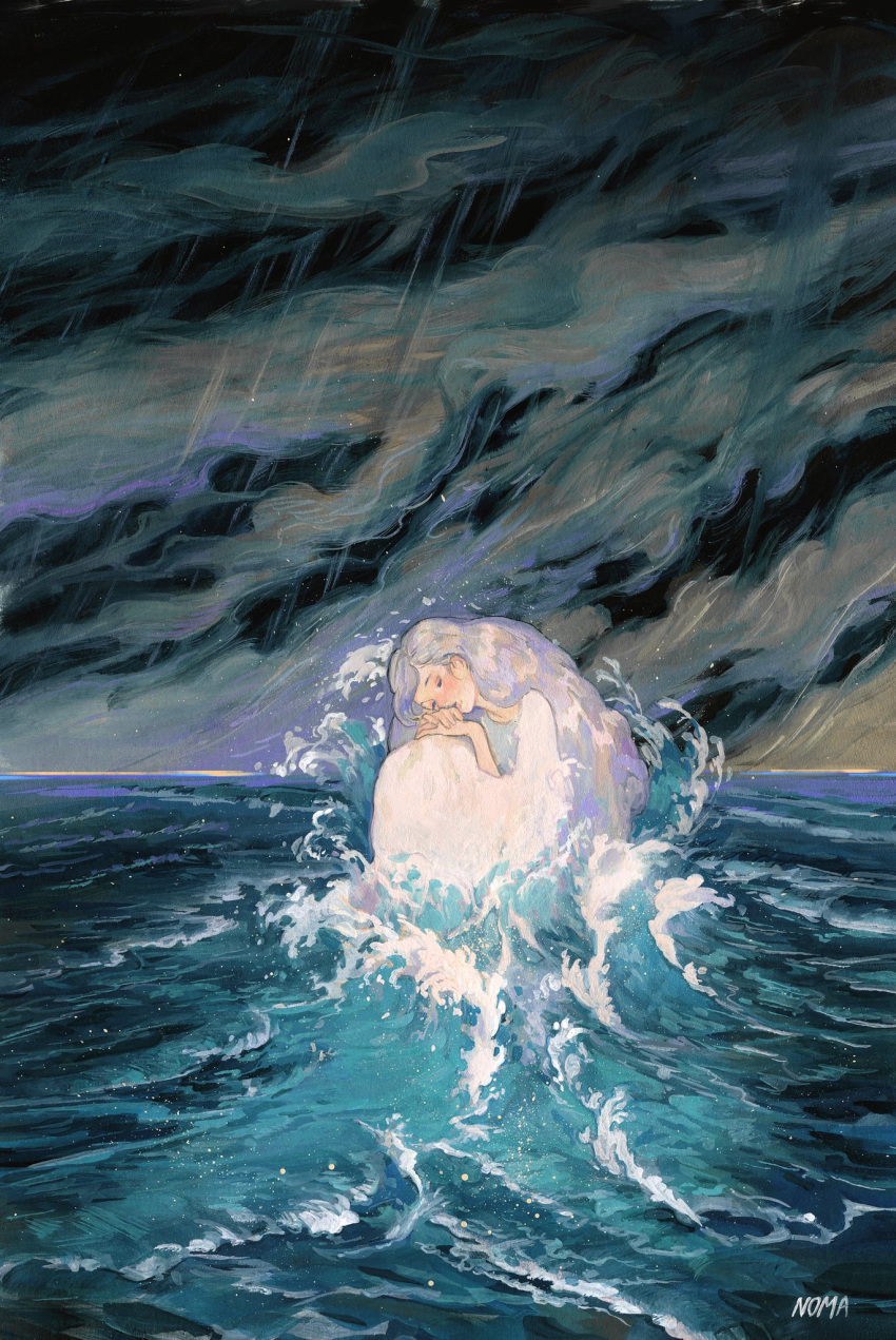 1girl commentary_request dress gouache_(medium) highres horizon long_hair making-of_available n0ma original outdoors overcast parted_lips signature silver_hair sleeping solo splashing storm traditional_media water waves white_dress