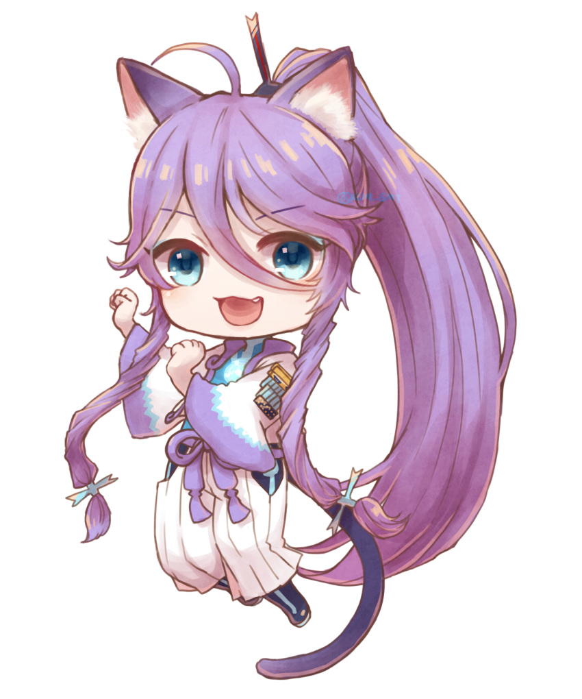 1boy ahoge animal_ears blue_eyes bodysuit cat_day cat_ears cat_tail chibi commentary fang full_body hair_tie hakama hands_up highres japanese_clothes kamui_gakupo kiumu_gackpo long_hair looking_at_viewer male_focus open_mouth paw_pose ponytail purple_hair shoulder_armor side_ponytail smile tail v-shaped_eyebrows very_long_hair vocaloid waist_cutout white_background white_hakama wide_sleeves