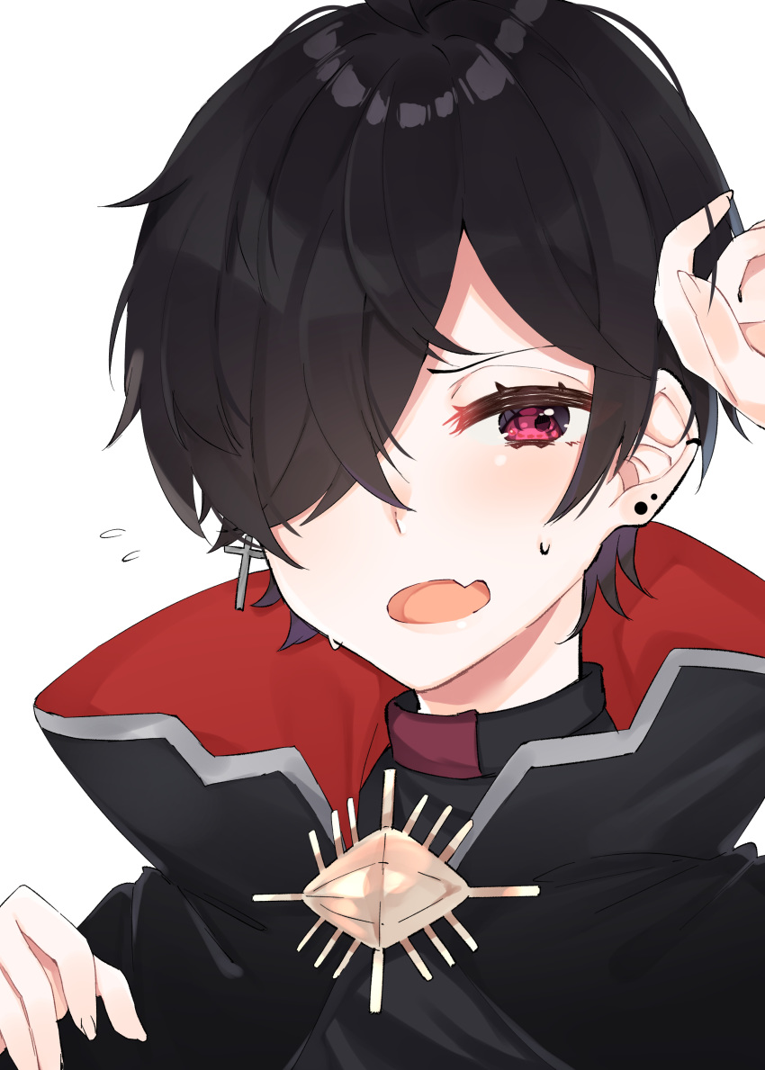 1boy abe_suke absurdres arm_up bangs black_cape black_hair black_shirt blush cape copyright_request ear_piercing earrings fang flying_sweatdrops hair_over_one_eye highres jewelry latin_cross male_focus open_mouth piercing red_cape red_eyes shirt simple_background solo stud_earrings sweat virtual_youtuber white_background