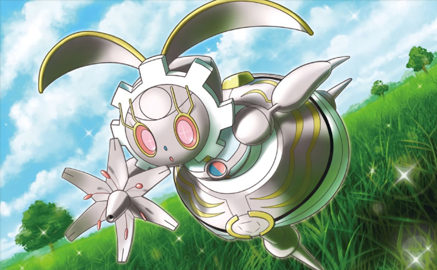 blue_sky clouds cloudy_sky creature day dutch_angle forest fukuda_masakazu full_body gen_7_pokemon grass magearna nature no_humans official_art outdoors pink_eyes pokemon pokemon_(creature) pokemon_trading_card_game sky solo sparkle standing standing_on_one_leg