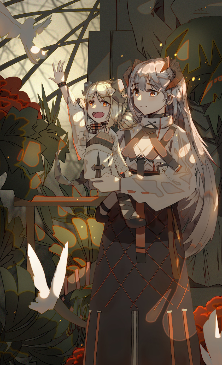 2girls :d absurdres arknights arm_up artist_request bird carrying chinese_commentary commentary_request dragon_horns earrings highres horns ifrit_(arknights) jewelry long_hair long_sleeves multiple_girls open_mouth plant red_eyes saria_(arknights) smile standing white_hair wristband