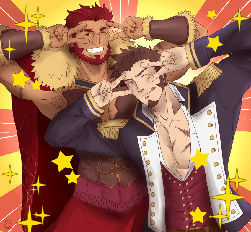 2boys abeberries bangs bara beard blue_eyes blush brown_hair cape chest double_v emotional_engine_-_full_drive epaulettes facial_hair fate/zero fate_(series) hands_up highres leather long_sleeves looking_at_viewer male_focus military multiple_boys muscle napoleon_bonaparte_(fate/grand_order) open_mouth pants parody pectorals red_eyes redhead rider_(fate/zero) scar simple_background smile sparkle star uniform v