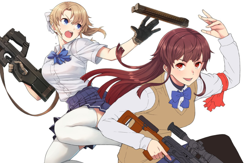 2girls armband bangs black_legwear blonde_girl_(itou) blue_bow blue_eyes blue_skirt blunt_bangs bow breasts brown_eyes brown_hair bullpup catching collared_shirt commentary_request dragunov_svd embers gloves gun hair_bow holding holding_gun holding_weapon itou_(onsoku_tassha) long_hair long_sleeves looking_at_another magazine_(weapon) multiple_girls open_mouth original p90 pantyhose pleated_skirt ponytail red_armband rifle school_uniform shirt short_sleeves sidelocks simple_background skirt smile sniper_rifle straight_hair submachine_gun sweater_vest thigh-highs tossing trigger_discipline v-shaped_eyebrows weapon white_background white_legwear white_shirt