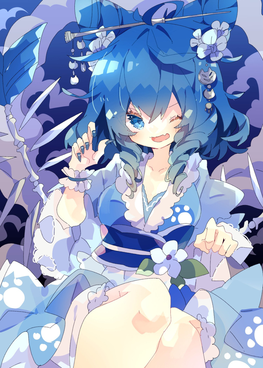 1girl ahoge alternate_hairstyle blue_eyes blue_hair blue_kimono blue_nails blush cat_day cat_hair_ornament claw_pose commentary drill_hair fang feet_out_of_frame fingernails fish_bone flower frills hair_ears hair_flower hair_ornament hair_stick hand_up highres japanese_clothes kaku_seiga kanzashi kimono long_fingernails looking_at_viewer nikorashi-ka one_eye_closed open_mouth purple_background short_hair skin_fang solo touhou twin_drills wide_sleeves wrist_cuffs