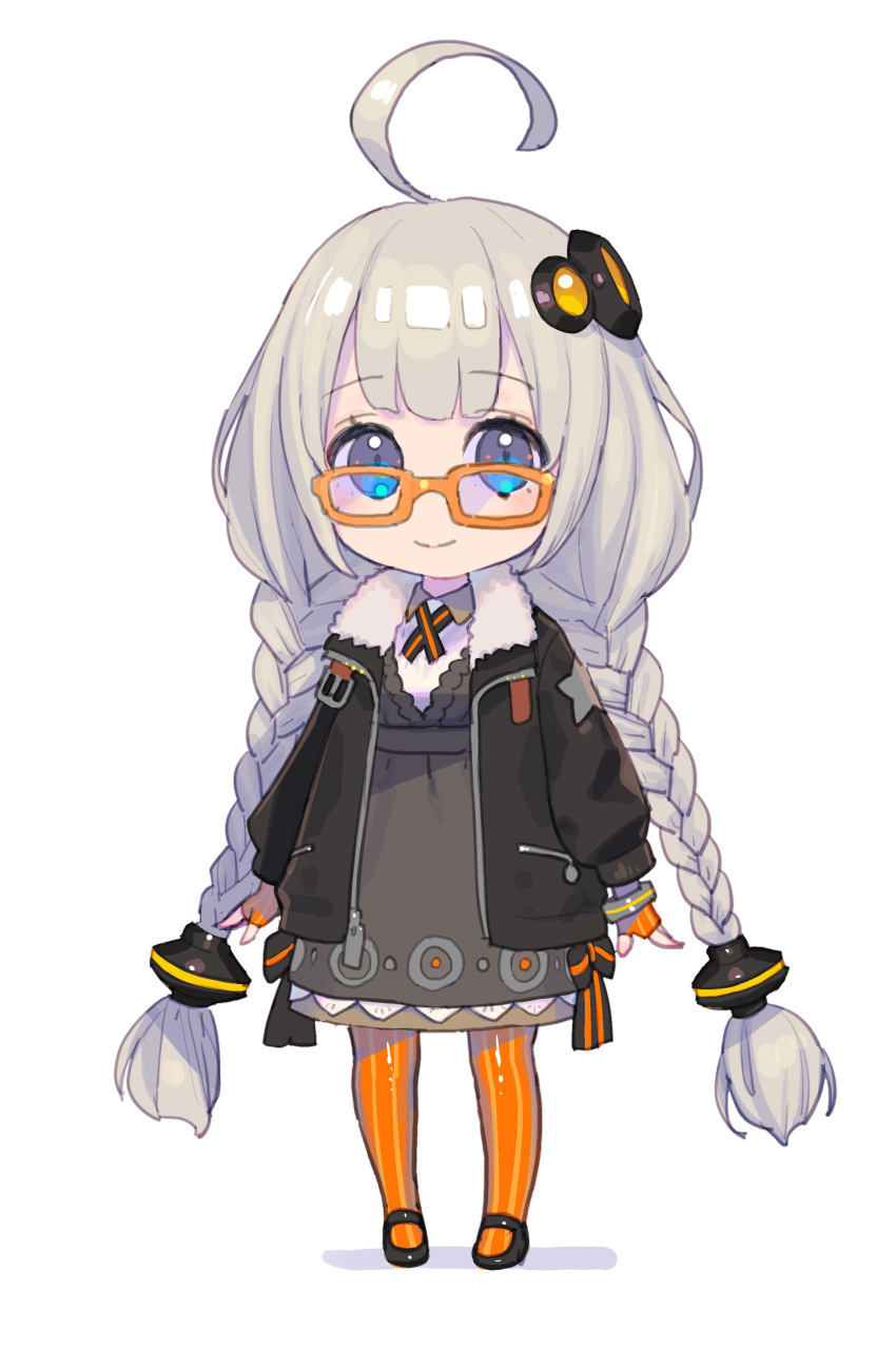 1girl absurdres ahoge arms_at_sides black_footwear black_jacket blue_eyes braid chibi closed_mouth dress fingerless_gloves full_body fur_collar gloves grey_dress grey_hair hair_ornament highres jacket kizuna_akari long_hair nagisa_kurousagi open_clothes open_jacket orange-framed_eyewear orange_gloves orange_legwear pantyhose shoes simple_background smile solo striped striped_legwear twin_braids vertical-striped_legwear vertical_stripes very_long_hair vocaloid voiceroid white_background wing_collar