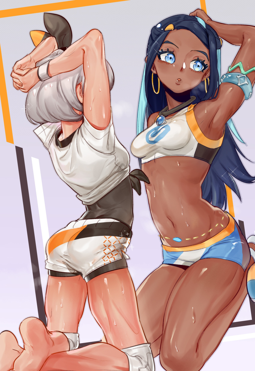 2girls absurdres armpits ass bare_shoulders barefoot black_hair black_hairband blue_eyes blue_hair blush bodysuit bodysuit_under_clothes breasts commentary_request dark_skin earrings enfluenza grey_hair gym_leader hair_between_eyes hairband highres hoop_earrings jewelry long_hair looking_at_viewer multicolored_hair multiple_girls navel pokemon pokemon_(game) pokemon_swsh rurina_(pokemon) saitou_(pokemon) shirt short_hair short_sleeves shorts small_breasts sweat tan two-tone_hair