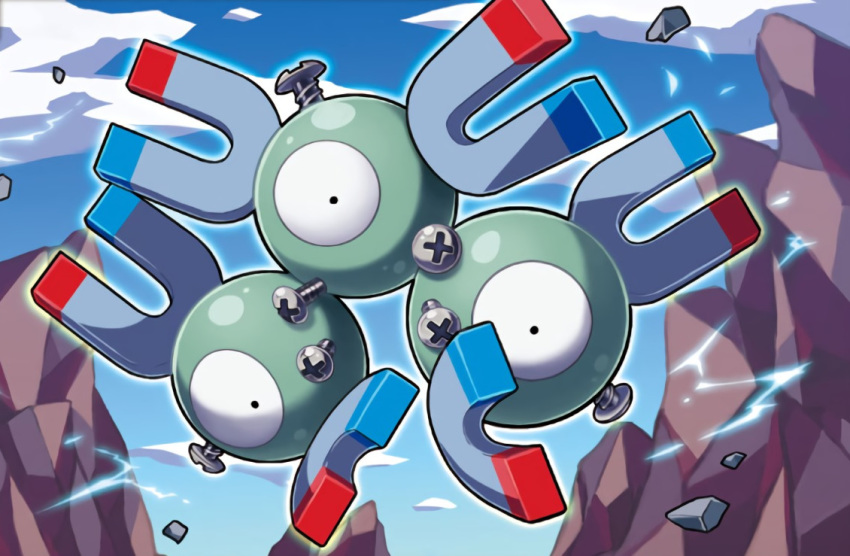 black_eyes blue_sky clouds cloudy_sky creature day electricity floating full_body gen_1_pokemon kirisaki looking_at_viewer magnet magneton no_humans official_art pokemon pokemon_(creature) pokemon_trading_card_game rock screw sky solo