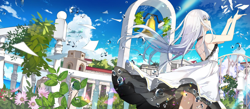 1girl bell blue_sky bubble closed_mouth clouds cloudy_sky copyright_request day dress flower green_eyes highres looking_up outdoors plant scenery silver_hair sky smile solo sutorora tagme