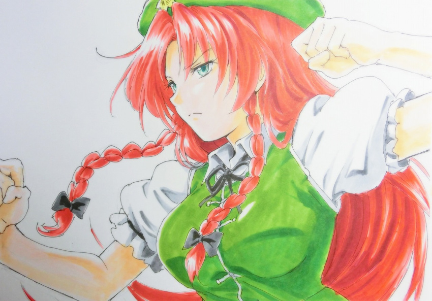 1girl aqua_eyes beluo77 beret blue_eyes braid colored_pencil_(medium) dress fighting_stance graphite_(medium) green_dress hands_up hat hong_meiling long_hair marker_(medium) redhead serious shirt side_braid simple_background solo touhou traditional_media twin_braids white_background white_shirt