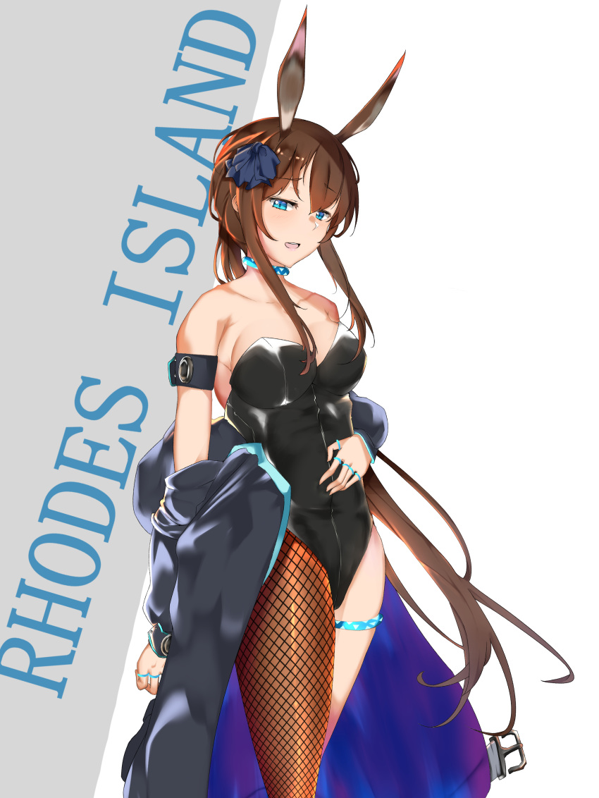 1girl :d absurdres amiya_(arknights) animal_ears arknights armband bangs bare_shoulders black_jacket black_leotard blue_eyes blush breasts brown_hair brown_legwear bunnysuit bureoeve commentary cowboy_shot eyebrows_visible_through_hair fishnets grey_background hair_between_eyes hair_ribbon highres jacket jewelry large_breasts leotard long_hair long_sleeves looking_at_viewer low_ponytail multiple_rings off_shoulder open_clothes open_jacket open_mouth pantyhose ponytail rabbit_ears ribbon ring sidelocks single_leg_pantyhose smile solo standing strapless strapless_leotard thigh_strap thighs two-tone_background very_long_hair white_background