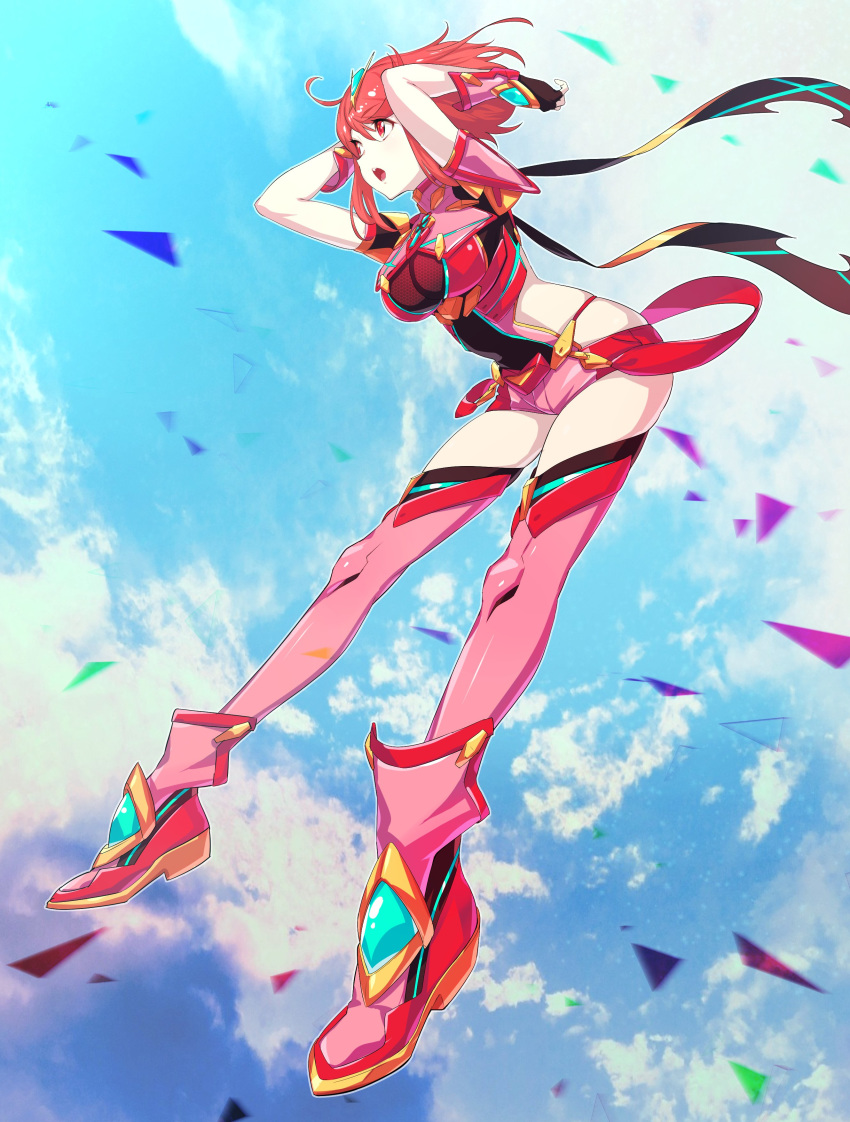 1girl absurdres bangs breasts clouds cloudy_sky fingerless_gloves full_body gem gloves green322 headpiece highres pyra_(xenoblade) large_breasts long_legs red_eyes redhead short_hair short_shorts shorts skindentation sky solo swept_bangs thigh-highs xenoblade_(series) xenoblade_2