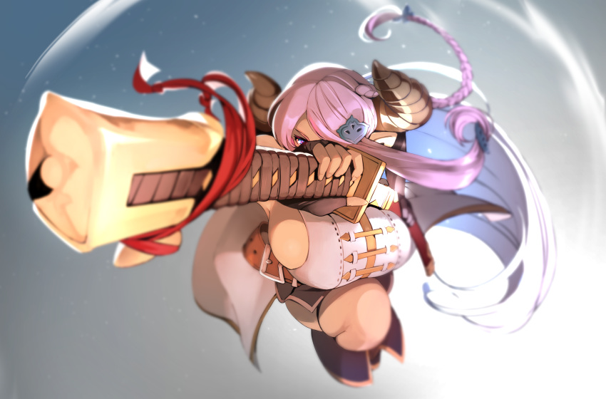 1girl absurdres bare_shoulders belt blue_eyes blurry braid breasts brown_belt cape commentary_request depth_of_field fingerless_gloves foreshortening gloves granblue_fantasy hair_ornament highres holding holding_sword holding_weapon horns large_breasts long_hair narmaya_(granblue_fantasy) naze pink_hair red_ribbon ribbon sheath shirt sideboob sleeveless sleeveless_shirt sword thighs unsheathing weapon white_cape white_shirt