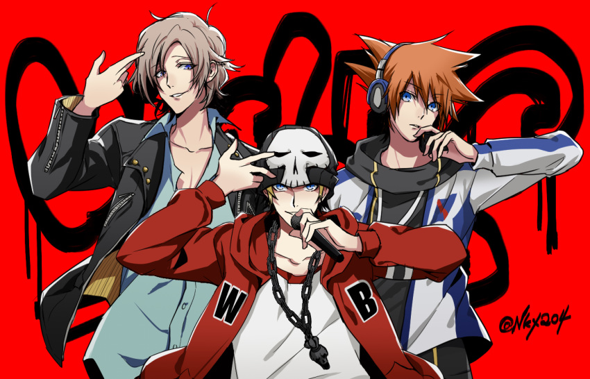 3boys beanie bitou_daisukenojou blonde_hair chain eme_(204) grey_hair happy hat headphones hood hoodie jacket jewelry kiryuu_yoshiya microphone multiple_boys music necklace orange_hair red_background sakuraba_neku shirt short_hair silver_hair singing skull smile smirk spiky_hair subarashiki_kono_sekai zipper