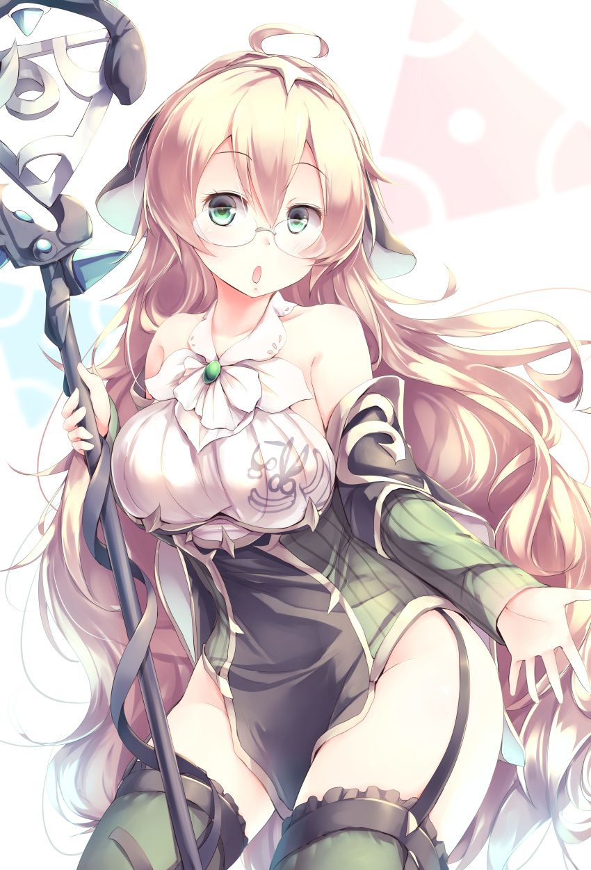 1girl absurdres ahoge blonde_hair breasts collarbone commentary_request detached_sleeves duel_monster eyebrows_visible_through_hair garter_straps glasses green_eyes green_legwear highres holding holding_staff kanzakietc large_breasts long_hair long_sleeves looking_at_viewer parted_lips rimless_eyewear solo staff thigh-highs very_long_hair wavy_hair witchcrafter_genni yuu-gi-ou