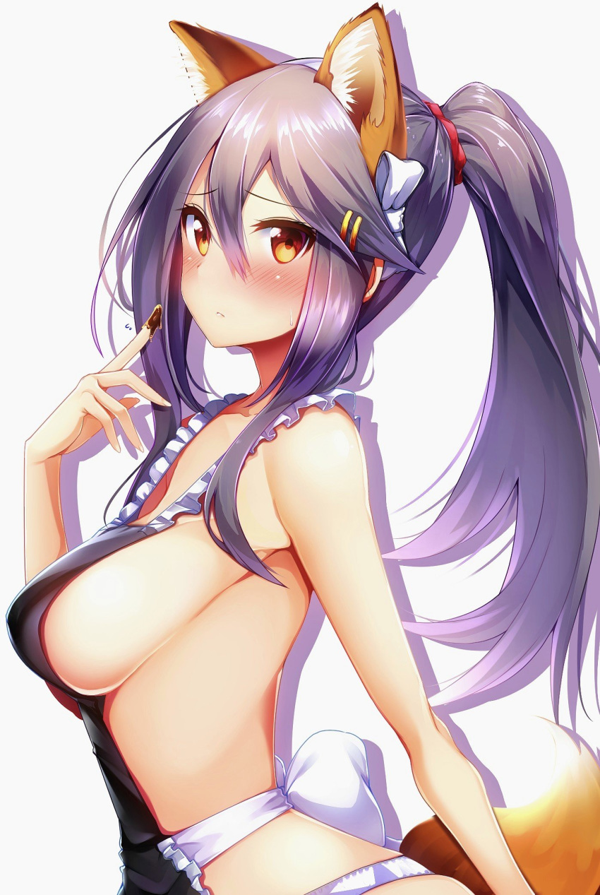 1girl animal_ear_fluff animal_ears apron bare_shoulders black_apron black_hair blush breasts brown_eyes chocolate_on_fingers closed_mouth collarbone fox_ears fox_tail from_side hair_ornament hairband hairclip hand_up haruna_(kantai_collection) highres kantai_collection large_breasts long_hair looking_at_viewer no_bra panties ponytail remodel_(kantai_collection) solo tail tsukui_kachou underwear white_panties