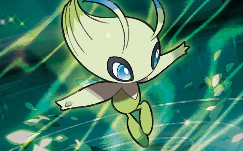 blue_eyes celebi creature flying full_body gen_2_pokemon green_theme mizutani_megumi no_humans official_art pokemon pokemon_(creature) pokemon_trading_card_game solo