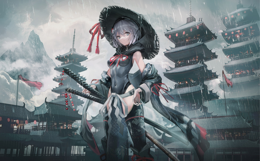 1girl architecture bangs bare_shoulders black_legwear blue_eyes breasts closed_mouth clouds cloudy_sky commentary_request covered_navel east_asian_architecture feet_out_of_frame grey_hair grey_leotard hair_between_eyes hand_on_hip hat highres hood hood_down hooded_leotard katana leotard long_sleeves looking_at_viewer medium_breasts mountain original outdoors pagoda rain revision rice_hat sheath sheathed sky solo standing swav sword thigh-highs weapon wide_sleeves