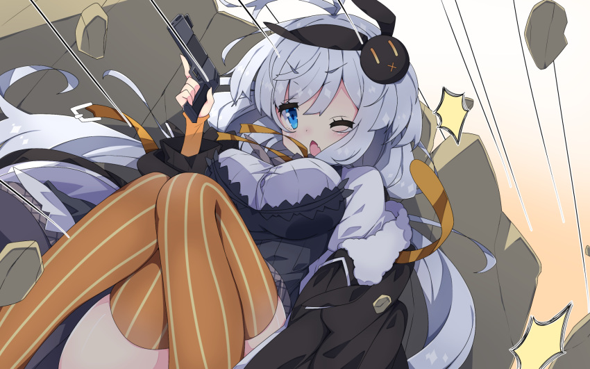 1girl antenna_hair bangs black_jacket blue_eyes blush breasts bunny_hair_ornament chestnut_mouth commentary_request dress eyebrows_visible_through_hair fang feet_out_of_frame fur-trimmed_jacket fur_trim grey_dress gun hair_between_eyes hair_ornament handgun highres holding holding_gun holding_weapon jacket kizuna_akari knees_together_feet_apart large_breasts long_hair long_sleeves low_twintails milkpanda off_shoulder one_eye_closed open_clothes open_jacket open_mouth orange_legwear pistol puffy_long_sleeves puffy_sleeves rock shirt silver_hair sitting skindentation solo striped striped_legwear thigh-highs twintails under_fire vertical-striped_legwear vertical_stripes very_long_hair voiceroid weapon weapon_request white_shirt