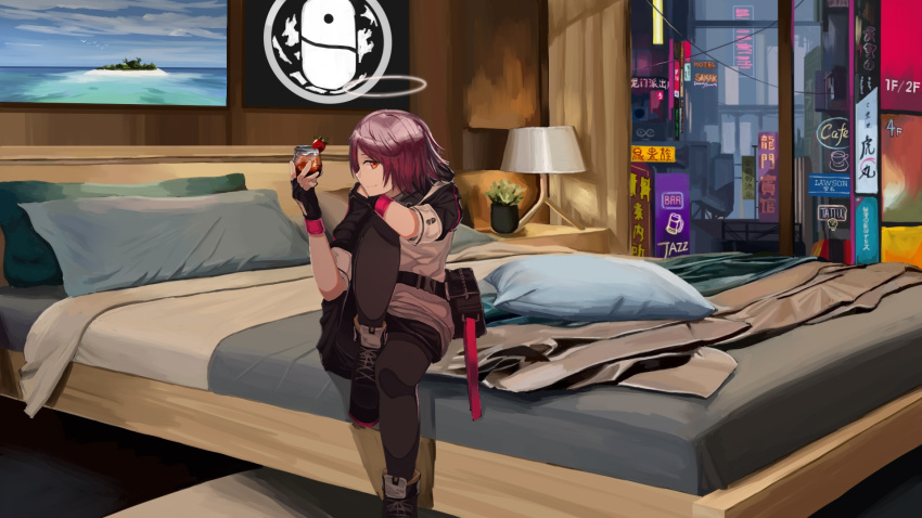 1girl arknights bed black_gloves black_legwear cocktail exusiai_(arknights) fingerless_gloves gloves halo highres indoors kuroinu9 on_bed orange_eyes painting_(object) pantyhose plant potted_plant redhead short_hair sitting sitting_on_bed solo window