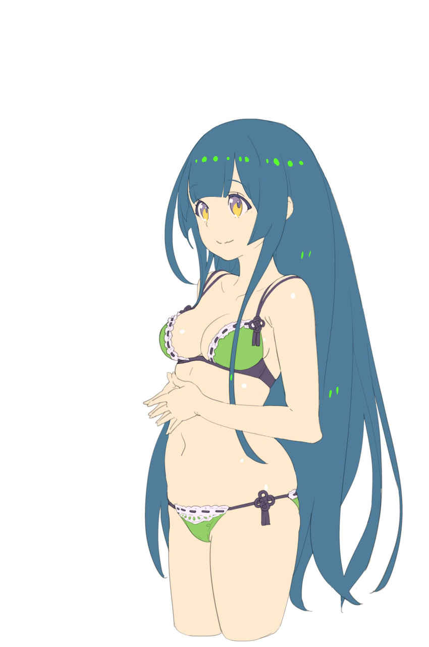 1girl bangs bare_shoulders blunt_bangs bra breasts brown_eyes closed_mouth copyright_request cowboy_shot cropped_legs green_bra green_hair green_panties highres long_hair medium_breasts nagisa_kurousagi navel panties simple_background skindentation smile solo standing steepled_fingers tassel underwear underwear_only very_long_hair white_background