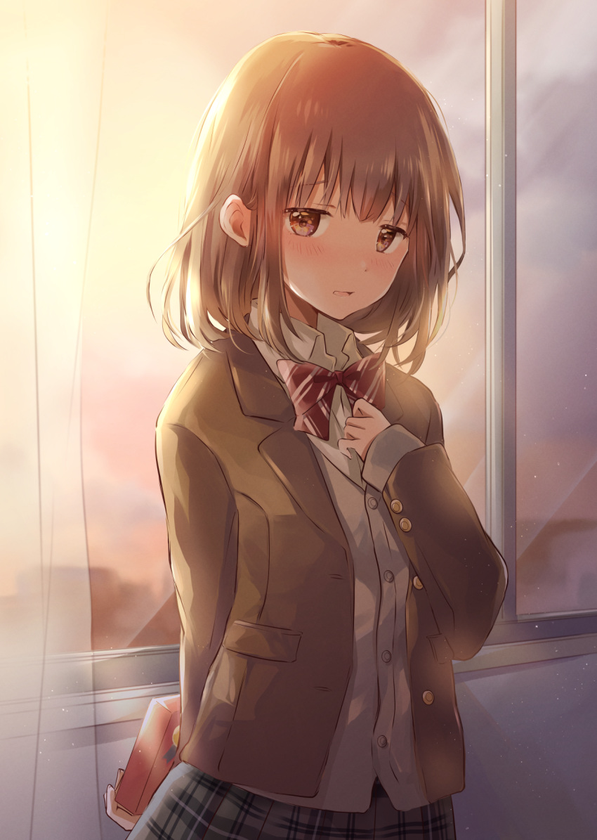 1girl arm_behind_back arm_up bangs blazer blush bow bowtie box brown_eyes brown_hair brown_jacket commentary_request curtains gift gift_box gradient_sky hallway hand_on_own_chest head_tilt highres holding holding_box hoshiibara_mato indoors jacket looking_at_viewer open_clothes open_jacket original parted_lips plaid plaid_skirt school_uniform shirt short_hair skirt sky sleeves_past_wrists solo striped striped_neckwear twilight untucked_shirt valentine white_shirt window
