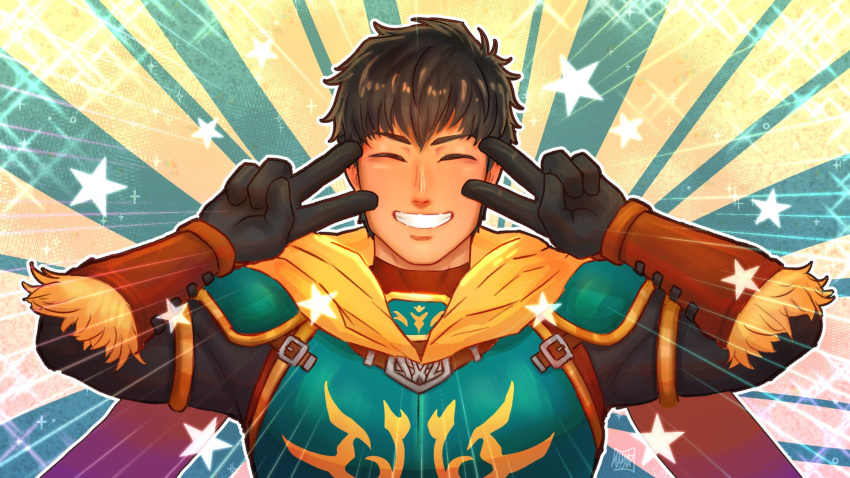 1boy arash_(fate) armor bangs black_hair closed_eyes dark_skin dark_skinned_male double_v emotional_engine_-_full_drive fate/grand_order fate/prototype fate/prototype:_fragments_of_blue_and_silver fate_(series) gloves hands_up highres long_sleeves looking_at_viewer male_focus open_mouth parody smile sparkle star v wystars