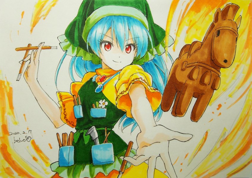 1girl apron beluo77 blue_hair chisel colored_pencil_(medium) dress eyebrows_visible_through_hair frills graphite_(medium) green_apron green_headwear green_hood haniwa_(statue) haniyasushin_keiki head_scarf long_hair magatama magatama_necklace marker_(medium) short_sleeves tools touhou traditional_media wood_carving_tool yellow_dress