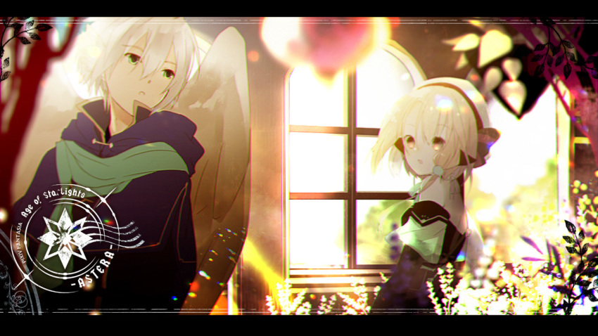 1boy 1girl backlighting bangs bare_shoulders black_hairband black_jacket brown_eyes commentary_request copyright_name day eyebrows_visible_through_hair feathered_wings green_eyes green_scarf hair_between_eyes hairband indoors jacket letterboxed long_hair parted_lips pixiv_fantasia pixiv_fantasia_age_of_starlight purple_capelet scarf sunlight white_hair white_wings window wings yuzuyomogi
