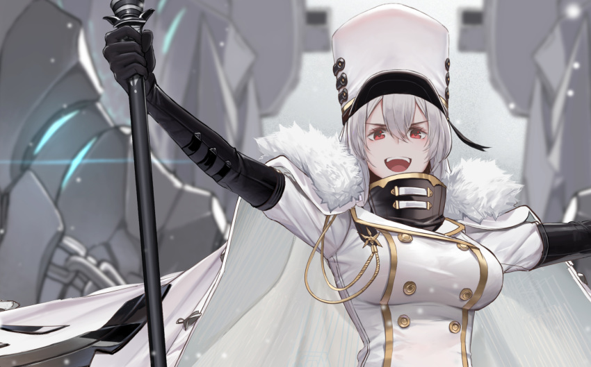 1girl :d azur_lane bangs breasts buttons cape coat coat_dress commentary dishwasher1910 double-breasted fur-trimmed_cape fur-trimmed_coat fur_trim gloves hat high_collar highres holding_scepter ice long_hair military_hat multiple_straps open_mouth outstretched_arms rigging smile snow sovetskaya_rossiya_(azur_lane) white_cape white_coat white_headwear