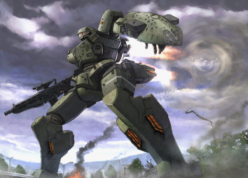 bullet_hole clouds cloudy_sky copyright_request day explosion glowing glowing_eyes gun holding holding_gun holding_weapon itou_(onsoku_tassha) jet_engine mecha no_humans outdoors shield sky smoke solo standing weapon