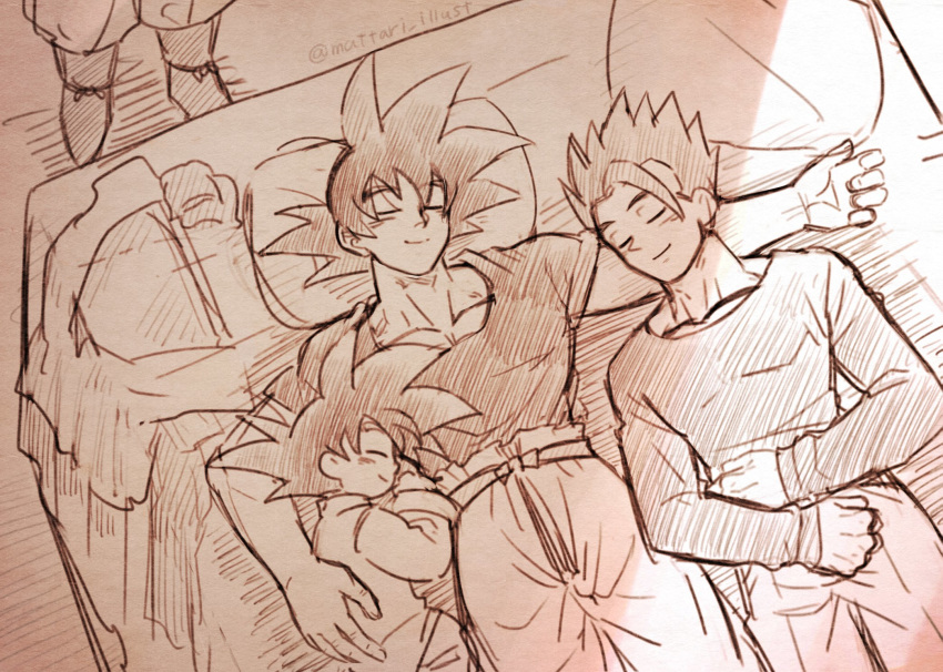 1other 3boys ^_^ bangs bed bed_sheet belt black_hair blush boots brothers chinese_clothes clenched_hands closed_eyes collarbone cuddling dragon_ball dragon_ball_z eyebrows_visible_through_hair father_and_son from_above hand_on_another's_back hands_on_lap happy head_out_of_frame highres indoors light_rays long_sleeves lying male_focus mattari_illust monochrome multiple_boys on_back on_bed pants pillow profile sepia siblings sleeping sleeping_on_person smile son_gohan son_gokuu son_goten spiky_hair standing sunlight twitter_username