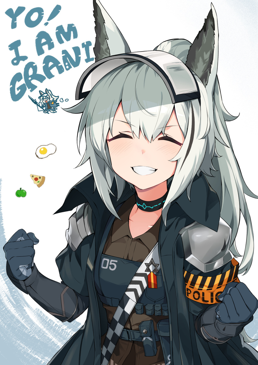 1girl ^_^ absurdres animal_ears apple arknights belt black_gloves clenched_hands closed_eyes egg english_text food fruit gloves grani_(arknights) grin highres horse_ears long_hair nemomo pauldrons pizza ponytail silver_hair simple_background smile solo visor_cap white_background