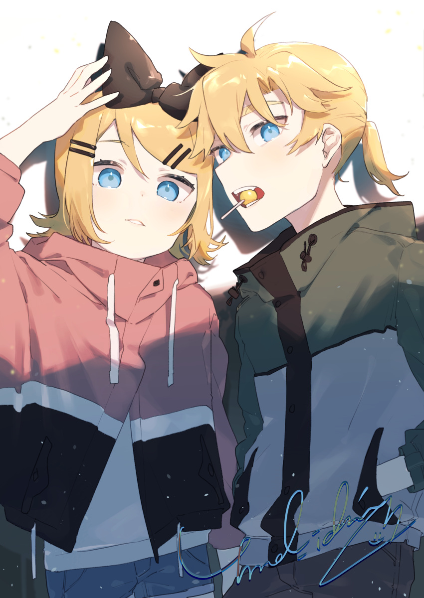 1boy 1girl absurdres bangs black_bow blonde_hair blue_eyes bow candy casual denim denim_shorts drawstring food food_in_mouth hair_bow hair_ornament hairclip hand_on_own_head hands_in_pockets highres jacket kagamine_len kagamine_rin lollipop looking_at_viewer mouth_hold open_mouth parted_lips shirt short_hair short_ponytail short_shorts shorts signature smile spiky_hair swept_bangs two-tone_jacket upper_body vocaloid white_shirt yamada_ichi