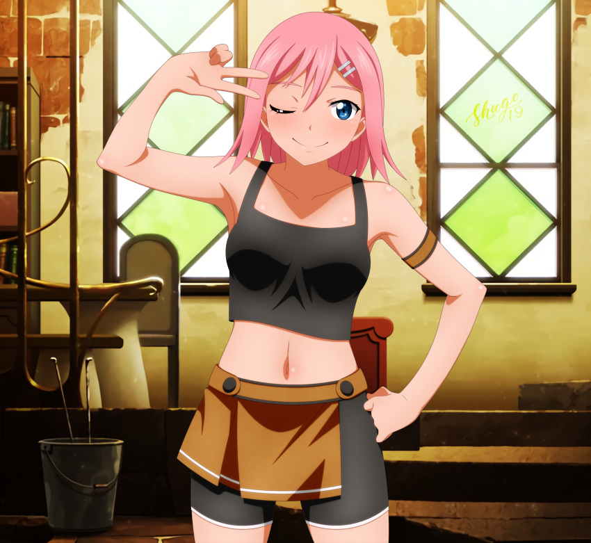 1girl absurdres armlet armpits bare_arms benjoerres blue_eyes bookshelf bucket chair crop_top hair_ornament hairclip highres huge_filesize looking_at_viewer navel one_eye_closed original pink_hair shorts signature skirt sleeveless smile