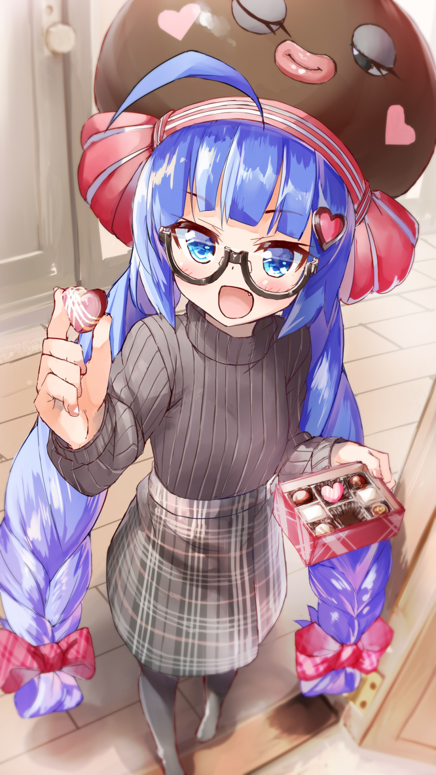 blue_eyes blue_hair bow box_of_chocolates braid brown_headwear brown_sweater chocolate commentary_request daidou_(demitasse) door doorway eel_hat fang glasses hair_bow hair_ornament heart heart-shaped_food heart_hair_ornament highres holding_chocolate indoors long_hair looking_at_viewer one_eye_closed open_mouth otomachi_una pantyhose plaid plaid_skirt red_bow ribbed_sweater semi-rimless_eyewear skirt sweater twin_braids valentine very_long_hair vocaloid wooden_floor