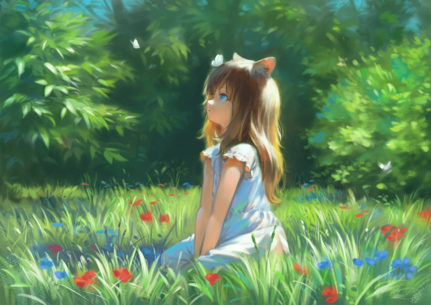 1girl animal_ears between_legs blue_eyes brown_hair bush butterfly_on_head cat_ears cat_girl day dress from_side full_body grass hand_between_legs long_hair looking_up on_grass original outdoors parted_lips short_sleeves sitting solo wasabi60 white_dress