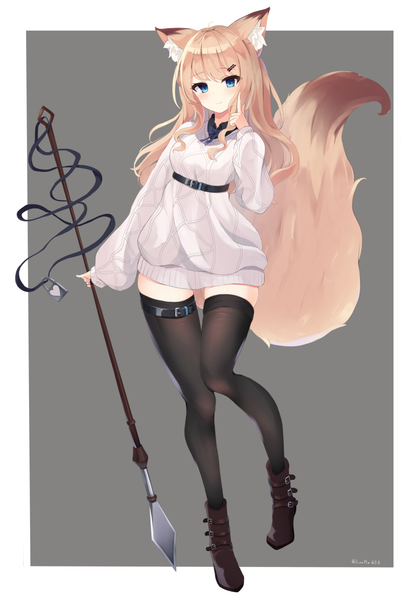 1girl absurdres ahoge animal_ear_fluff animal_ears bangs belt black_belt black_legwear black_shirt blue_bow blue_eyes blush boots bow brown_footwear brown_hair closed_mouth collared_shirt commentary_request dress eyebrows_visible_through_hair fox_ears fox_girl fox_tail grey_background hair_ornament hairclip hand_up highres holding index_finger_raised long_hair long_sleeves mizu_(lzzrwi603) original puffy_long_sleeves puffy_sleeves shirt sleeves_past_wrists smile solo sweater sweater_dress tail thigh-highs thighhighs_under_boots twitter_username two-tone_background very_long_hair white_background white_sweater