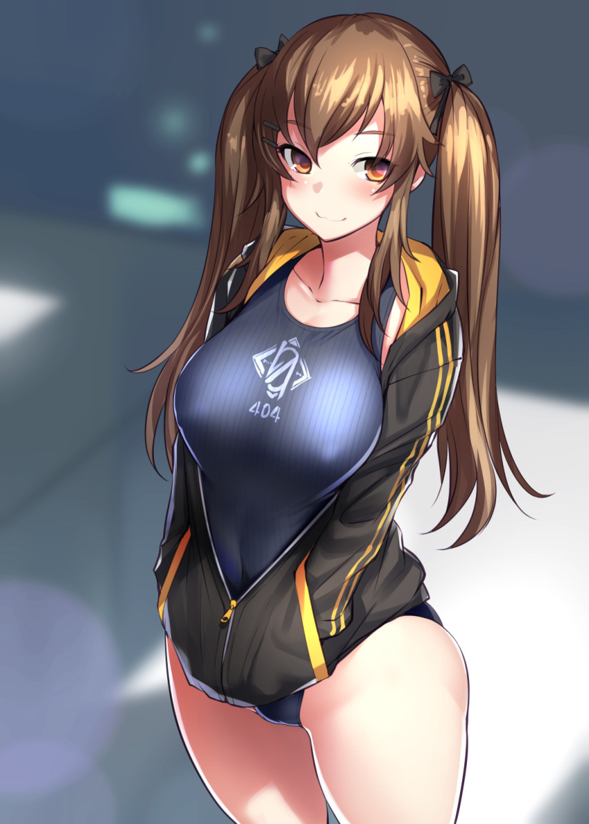 1girl black_jacket blue_swimsuit blurry blurry_background bosshi breasts brown_eyes brown_hair closed_mouth collarbone covered_nipples girls_frontline hair_ornament hair_ribbon hairclip hands_in_pockets highres jacket large_breasts long_hair long_sleeves one-piece_swimsuit ribbon solo swimsuit twintails ump9_(girls_frontline)