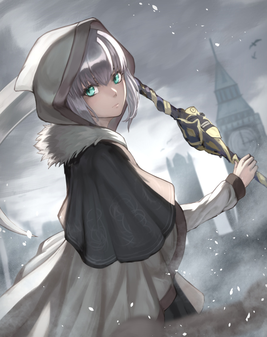 1girl absurdres aito closed_mouth fate/grand_order fate_(series) fur_trim gray_(lord_el-melloi_ii) green_eyes grey_hair highres hood hood_up looking_at_viewer short_hair solo weapon