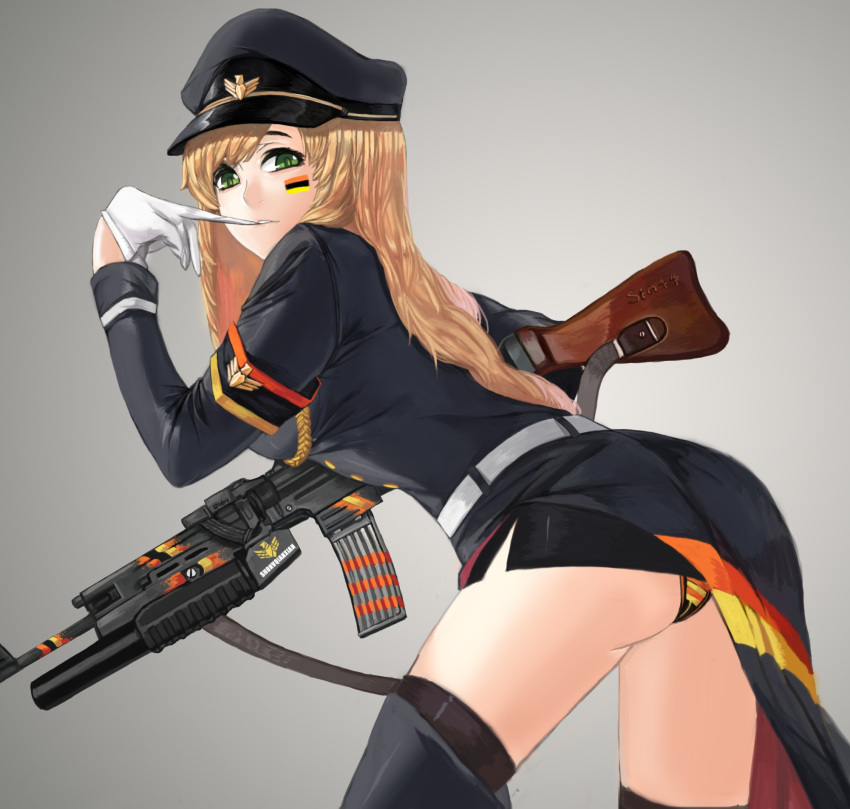 1girl 378071766 assault_rifle blonde_hair girls_frontline gloves gloves_removed green_eyes grey_background gun hat highres long_hair looking_at_viewer military military_hat military_jacket military_uniform panties pantyshot rifle solo stg44 stg44_(girls_frontline) underwear uniform weapon white_gloves