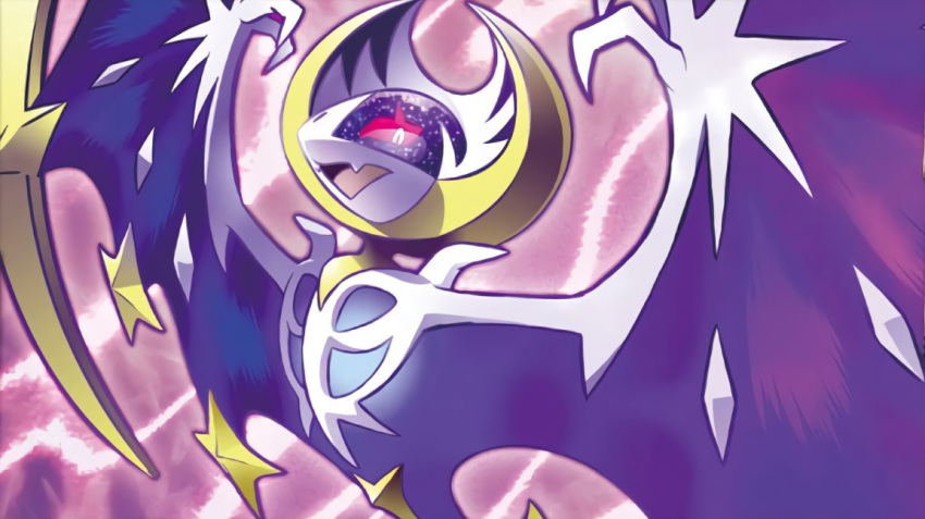 ariga_hitoshi creature fangs flying gen_7_pokemon legendary_pokemon lunala no_humans official_art open_mouth pokemon pokemon_(creature) pokemon_trading_card_game purple_background solo violet_eyes