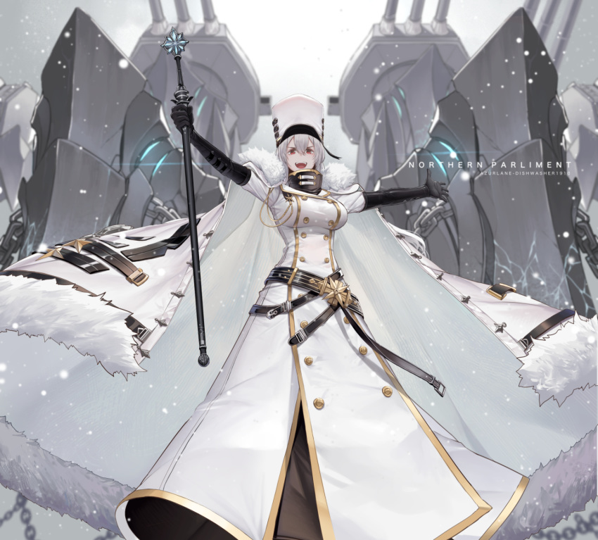 1girl :d azur_lane bangs breasts buckle buttons cape coat coat_dress dishwasher1910 double-breasted floating_hair fur-trimmed_cape fur-trimmed_coat fur_trim gloves hat high_collar highres holding_scepter ice long_hair military_hat multiple_straps open_mouth outstretched_arms rigging smile snow sovetskaya_rossiya_(azur_lane) white_cape white_coat white_headwear