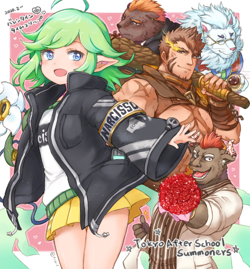 1boy 1girl 4boys abs bangs bara beard belt brown_hair cape chain character_request chest echo_(tokyo_houkago_summoners) facial_hair hercules_(tokyo_houkago_summoners) highres long_sleeves looking_at_viewer looking_to_the_side male_focus multiple_boys muscle nipples open_mouth pectorals scar simple_background smile solo summon_lw thighs tokyo_houkago_summoners weapon