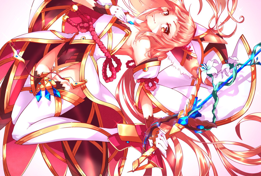 1girl animal_ears bare_shoulders breasts catalyst_scimitar detached_sleeves gloves highleg highleg_leotard highres leotard long_hair low_twintails niyah niyah_(blade) risumi_(taka-fallcherryblossom) sideboob small_breasts smile solo sparkle sword thigh-highs thigh_gap twintails very_long_hair weapon xenoblade_(series) xenoblade_2 yellow_eyes