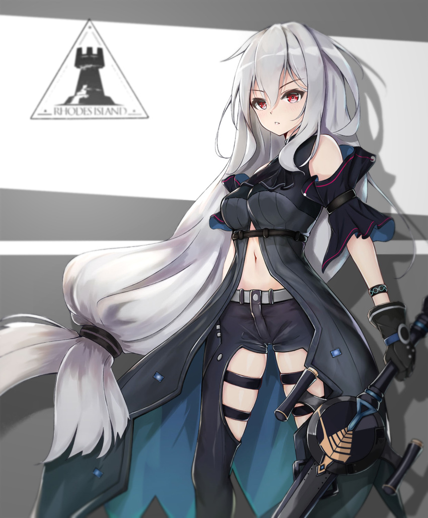 1girl arknights bangs bare_shoulders black_gloves blush breasts commentary_request eyebrows_visible_through_hair gloves grey_hair hair_between_eyes highres holding holding_sword holding_weapon kinyoubi_no_nangong_da large_breasts long_hair looking_at_viewer low_tied_hair navel pants red_eyes shirt silver_hair skadi_(arknights) solo sword very_long_hair weapon
