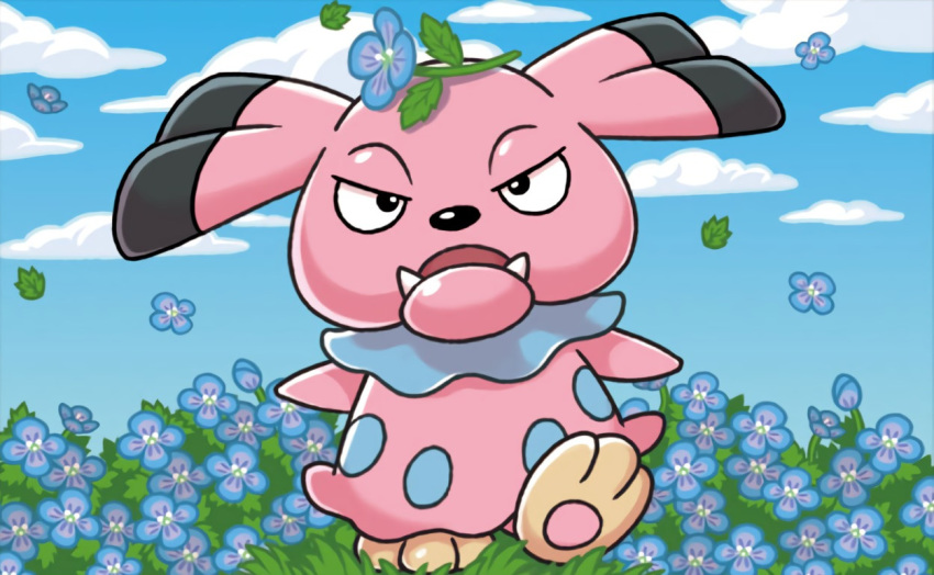 black_eyes blue_sky clouds cloudy_sky creature day dog_focus fangs flower full_body gen_2_pokemon komayama_akira leaf looking_at_viewer no_humans on_head outdoors pokemon pokemon_(creature) pokemon_trading_card_game sky snubbull solo standing wind