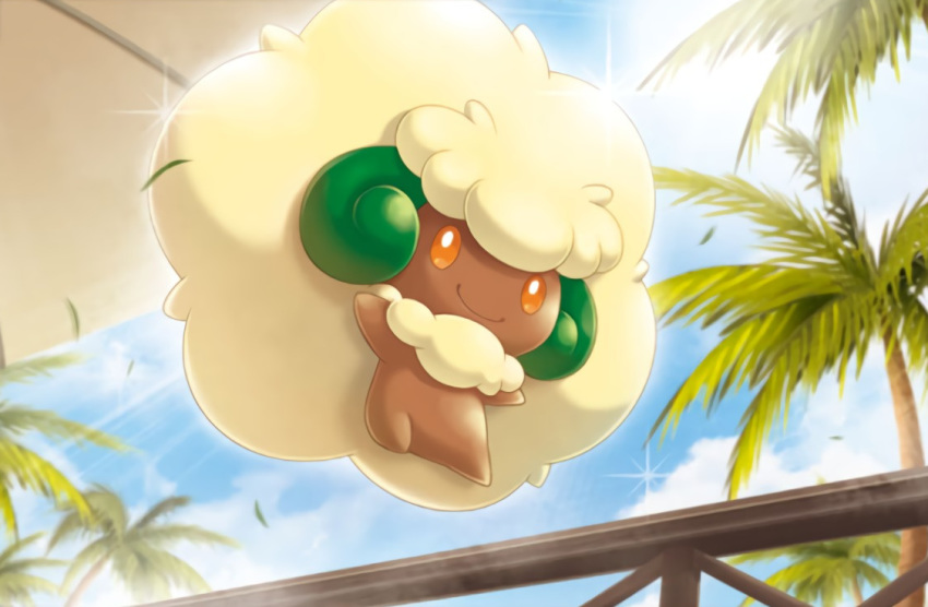 blue_sky closed_mouth clouds cloudy_sky creature day full_body gen_5_pokemon happy no_humans official_art palm_tree pokemon pokemon_(creature) pokemon_trading_card_game saitou_kouki sheep sky smile solo sparkle tree whimsicott yellow_eyes