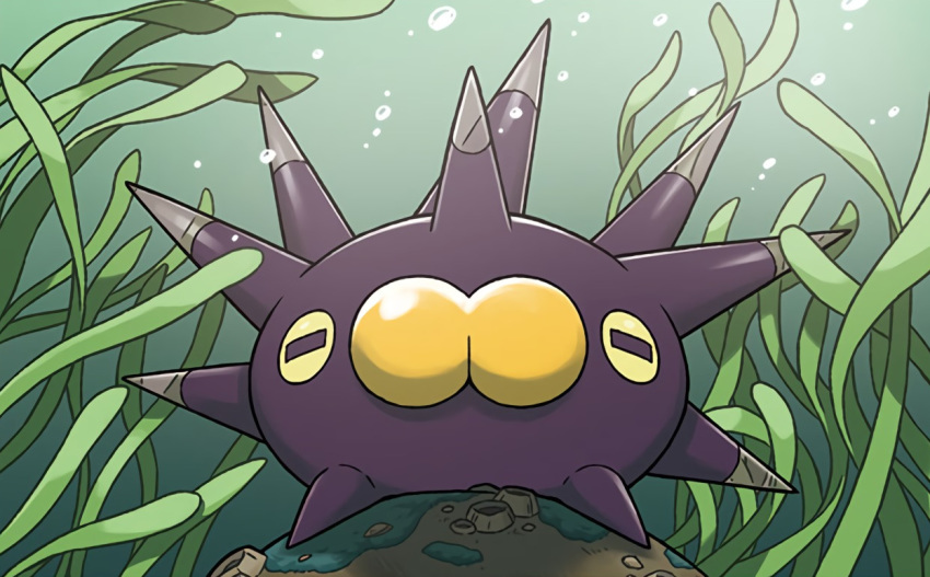 bubble creature full_body gen_8_pokemon komayama_akira looking_at_viewer no_humans official_art pincurchin pokemon pokemon_(creature) pokemon_trading_card_game seaweed solo underwater water