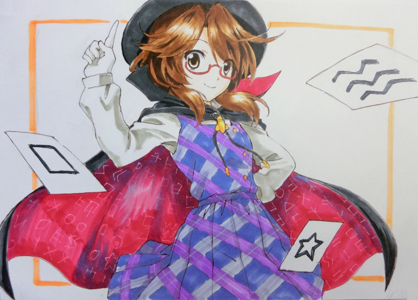 1girl bangs beluo77 bolo_tie brown_hair cape cape_billowing colored_pencil_(medium) glasses graphite_(medium) hand_up hat long_sleeves low_twintails marker_(medium) medium_hair plaid plaid_skirt plaid_vest pointing pointing_up purple_vest red-framed_eyewear school_uniform semi-rimless_eyewear shirt simple_background skirt solo touhou traditional_media twintails under-rim_eyewear usami_sumireko vest white_background white_shirt zener_card